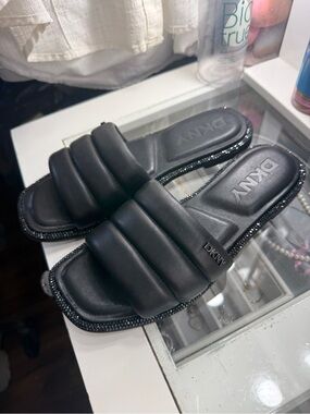 DKNY Black Padded Rhinestone Slide Sandals with Quilted Strap